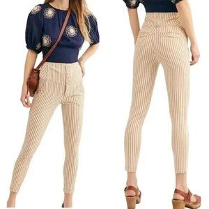 Free People Frankie High Waisted Tan White Striped Button Fly Skinny Pants 4
